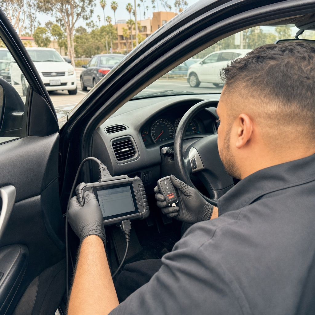 Automotive locksmith programming a car key fob with a diagnostic tool in Los Angeles, CA