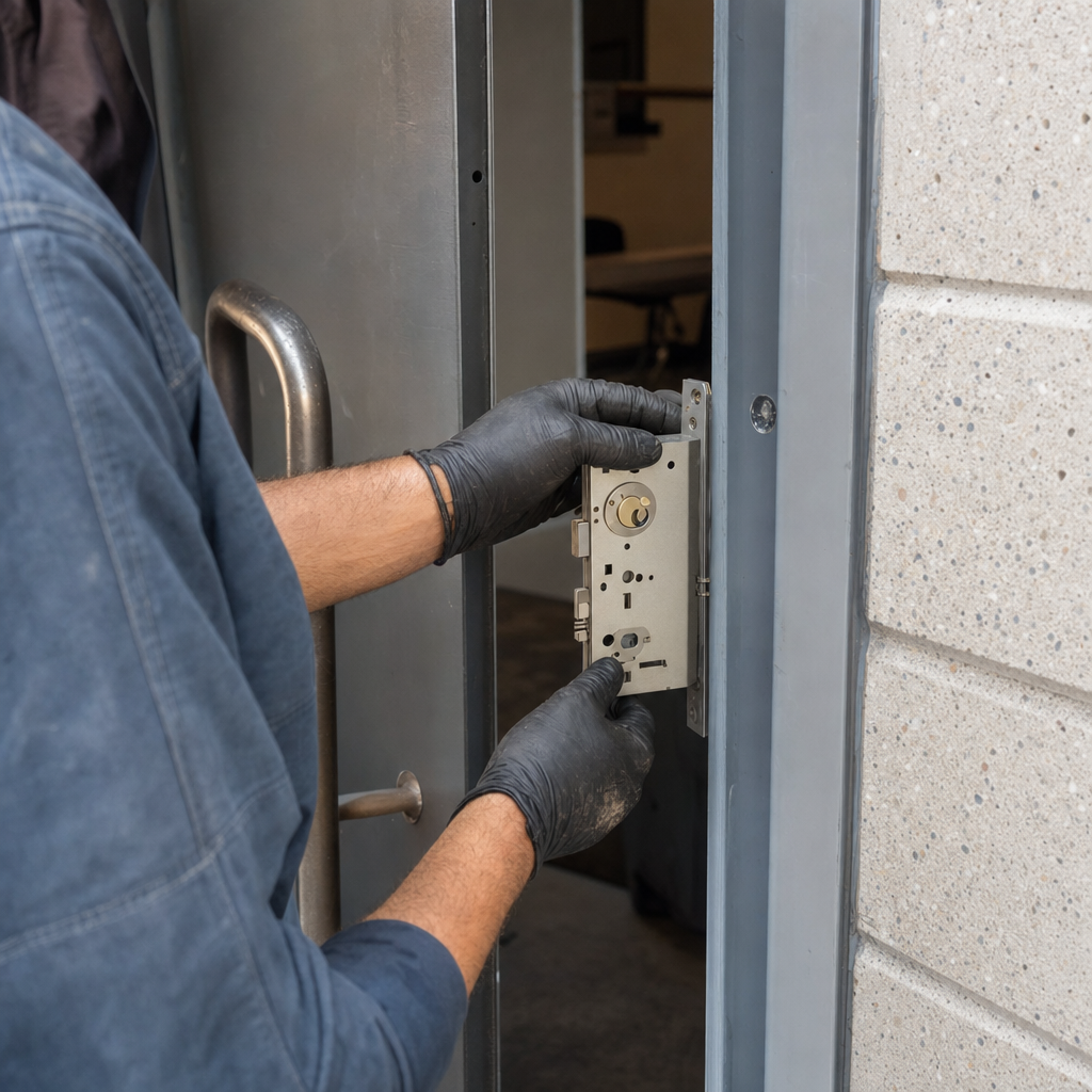 Commercial locksmith installing a mortise lock into a metal door in Los Angeles, CA