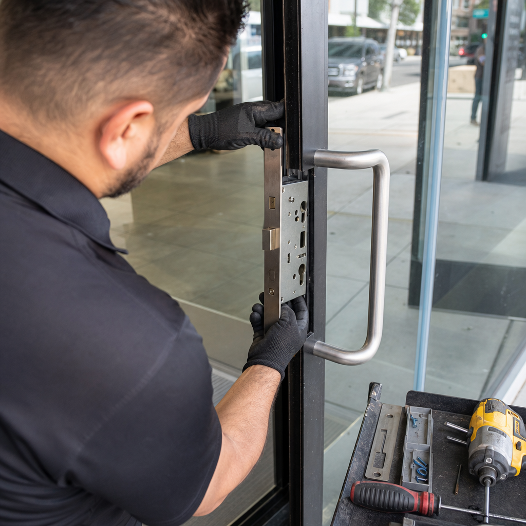 Professional locksmith installing a commercial storefront door lock mechanism in Los Angeles, CA