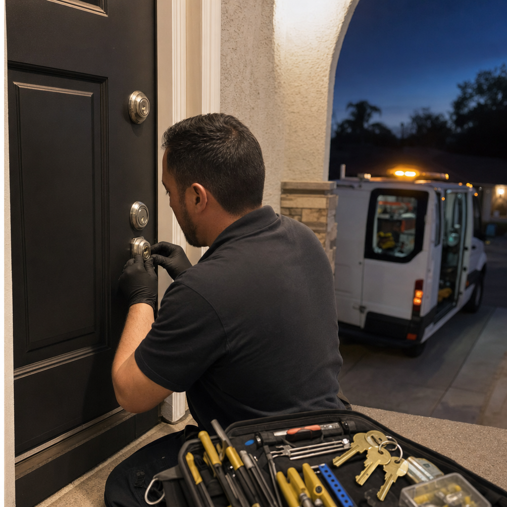 Professional locksmith working on a residential front door lock in Los Angeles, CA