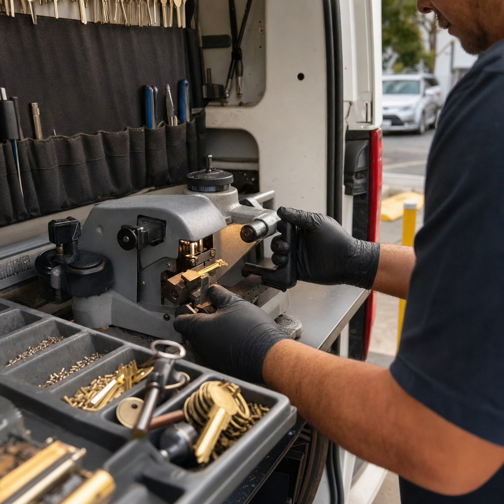 A professional locksmith operating a key cutting machine in a service van. in Los Angeles, CA